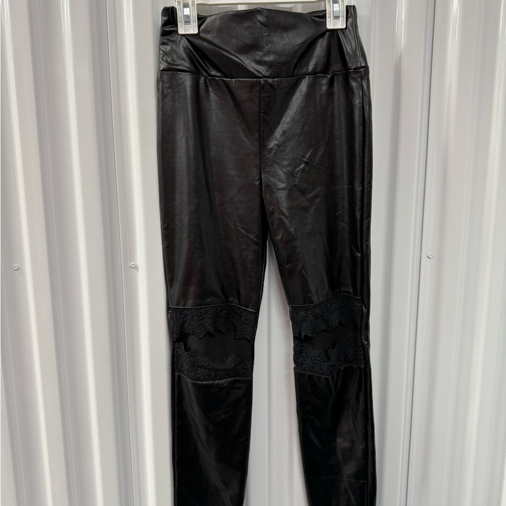 Black Faux Leather Leggings with Lace Detail